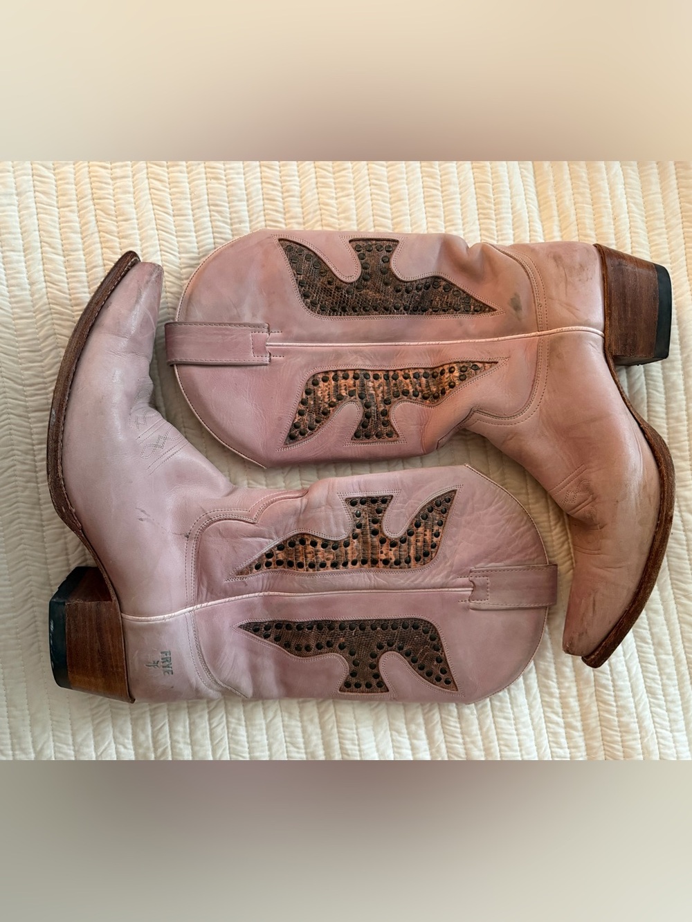 VINTAGE Frye “Blush” Leather Western Heeled Boots with Studded Insets